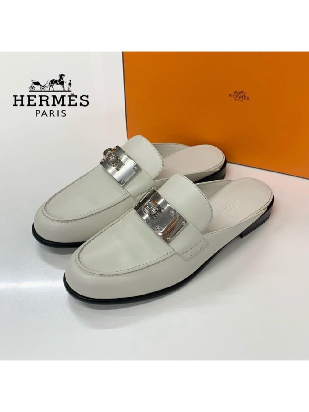 Hermes Jota Leather Kelly Mules Off White